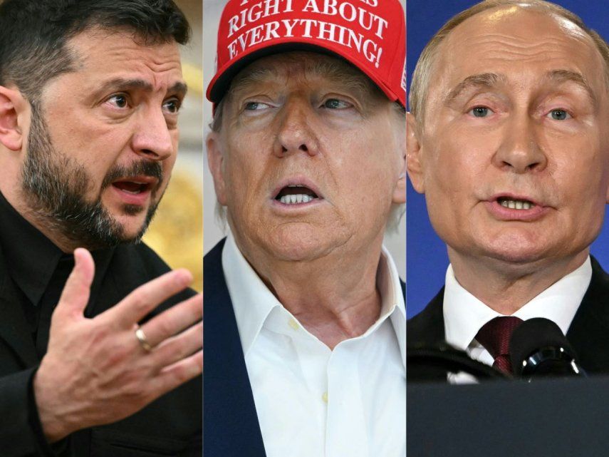 El presidente de Ucrania, Volodimir Zelenski, el presidente de EEUU, Donald Trump, y el presidente de Rusia, Vladimir Putin.&nbsp;