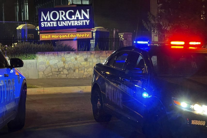 La policía de Baltimore responde a un tiroteo en la Universidad Estatal Morgan, el martes 3 de octubre de 2023, en Baltimore.&nbsp;