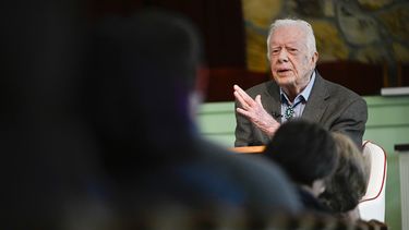 En esta fotograf&iacute;a del 3 de noviembre de 2019, el expresidente estadounidense Jimmy Carter habla en la Iglesia Bautista Maranatha en Plains, Georgia.