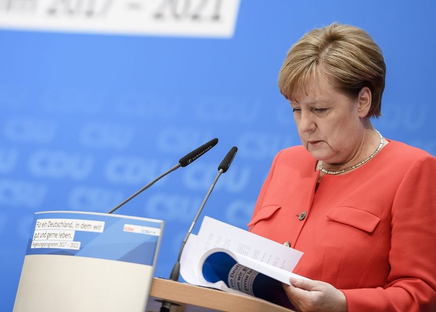 La canciller alemana y líder del partido de Unión Cristianodemócrata (CDU),&nbsp;Angela&nbsp;Merkel, durante la rueda de prensa.