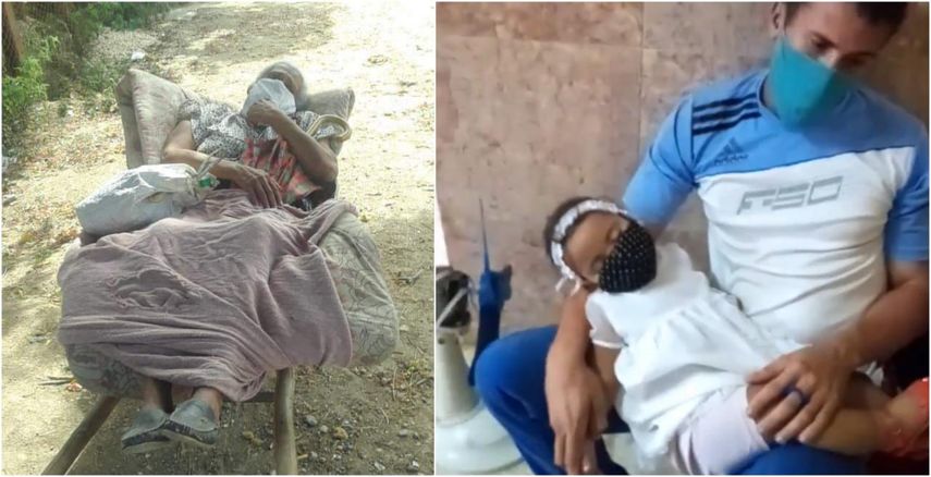 Una anciana trasladada en carretilla y un padre a la espera de atención para su hija enferma.&nbsp;&nbsp;