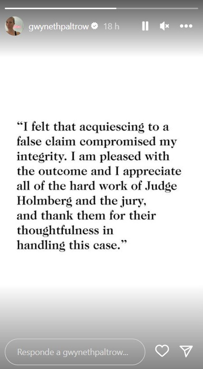 “Sentí que aceptar una afirmación falsa comprometía mi integridad”, publicó Paltrow a sus 8,3 millones de seguidores de Instagram después del veredicto.