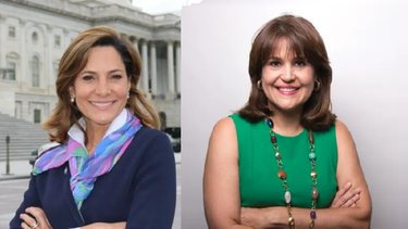 La congresista cubanoamericana María Elvira Salazar y Annette Taddeo, senadora democrata de Florida. &nbsp;