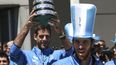 Los jugadores del equipo de tenis de&nbsp;Argentina&nbsp;Leonardo Mayer (derecha) y Juan Martín del Potro (izquierda) celebran al ganar Copa&nbsp;Davis