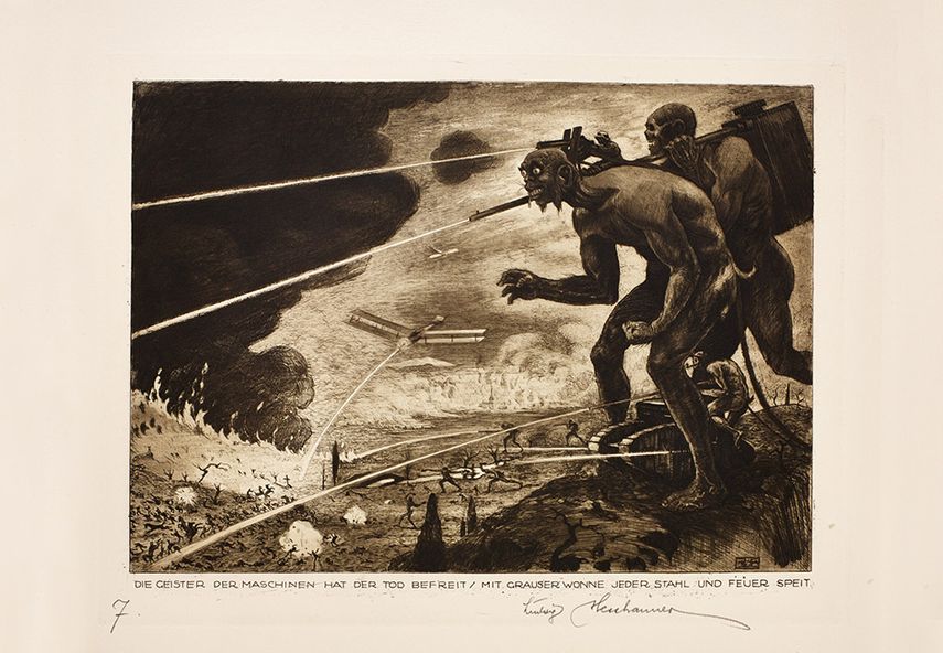 La muestra está enfocada particularmente en el aspecto visual de las entonces nuevas tecnologías bélicas