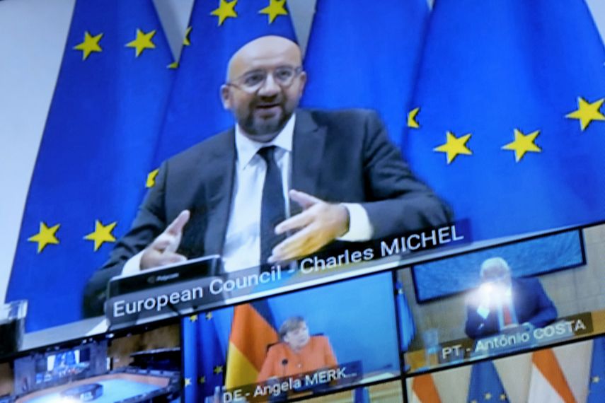 El presidente del Consejo Europeo, Charles Michel, habla durante una cumbre de gobernantes de la UE por videoconferencia.&nbsp; &nbsp;