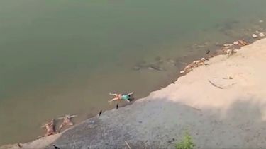En esta imagen de un video de KK Productions se ven cadáveres flotando en el río en Ghazipur, en el estado de Uttar Pradesh, India, el 11 de mayo de 2021. Decenas de cadáveres &nbsp;han sido hallados flotando en el río Ganges en momentos en que el coronavirus azota al país.&nbsp;