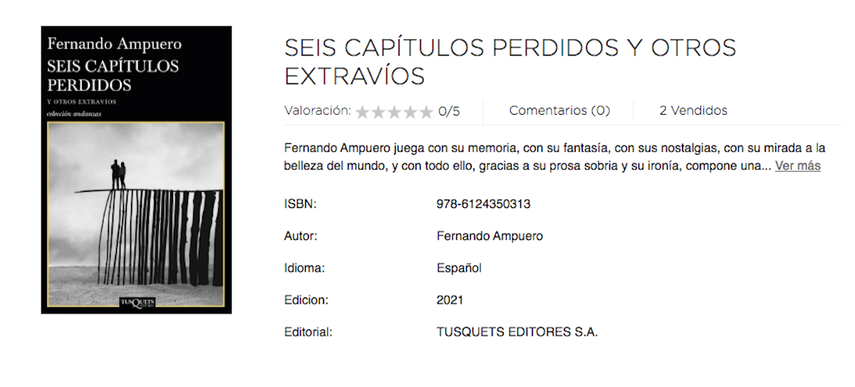 Captura de pantalla del portal de SBS Librería Internacional que muestra la portada y sinopsis del nuevo libro del escritor peruano Fernando Ampuero,&nbsp;“Seis capítulos perdidos y otros extravíos”.