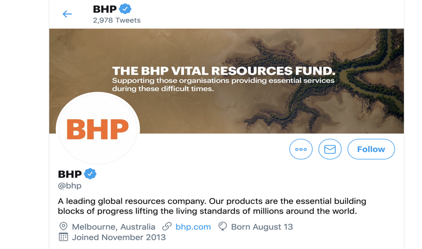 Captura de pantalla de la cuenta de Twitter de la compañía minera BHP. 