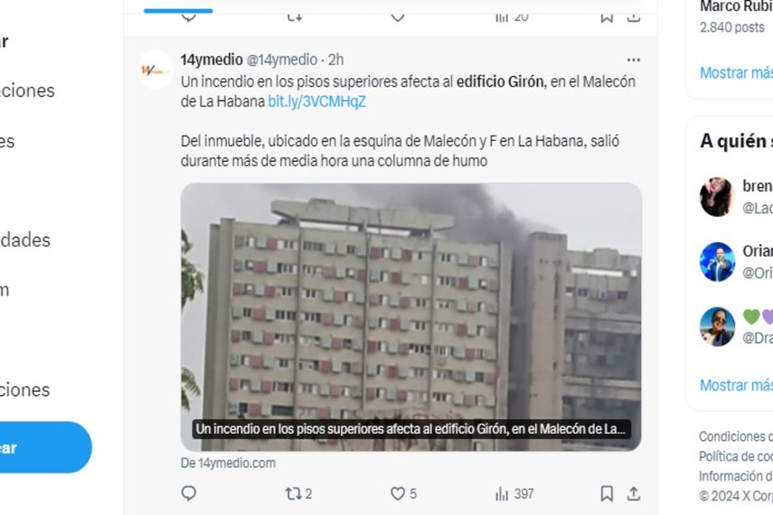 Este sábado se registró un incendio en los pisos superiores de una de las torres del emblemático Edificio Girón, en La Habana, Cuba.