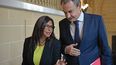 La entonces canciller de Venezuela Delcy Rodríguez y el expresidente José Luis Rodríguez Zapatero en un pasillo de la OEA en Washington el 21 de junio de 2016&nbsp;