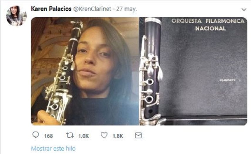 Fotografía de la clarinetista Karen Palacios publicada en su cuenta de&nbsp;Twitter @KrenClarinet.