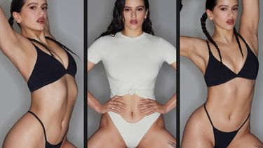 Collage de fotografías de la cantante española Rosalía como la nueva imagen de SKIMS, marca de fajas y ropa interior, creada por Kim Kardashian.&nbsp;