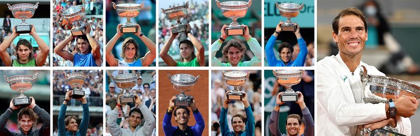 Esta combinaci&oacute;n de im&aacute;genes creada el 11 de octubre de 2020 muestra al espa&ntilde;ol Rafael Nadal posando con la Copa Mousquetaires (Los Mosqueteros) durante sus trece victorias en el Abierto de Tenis de Francia masculino en el estadio de Roland Garros. Nadal posa con sus trofeos (de arriba a abajo) el 5 de junio de 2005; el 11 de junio de 2006; el 10 de junio de 2007; el 8 de junio de 2008; el 6 de junio de 2010; el 5 de junio de 2011; el 11 de junio de 2012; el 9 de junio de 2013; el 8 de junio de 2014 y el 11 de junio de 2017, el 10 de junio de 2018, el 9 de junio de 2019 y el 11 de octubre de 2020.&nbsp;