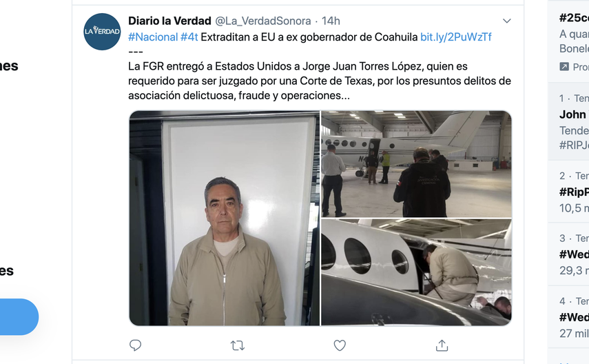 M&eacute;xico&nbsp;entreg&oacute; a Estados Unidos a Jorge Juan Torres L&oacute;pez, quien es requerido para ser juzgado por una Corte de Texas.&nbsp;