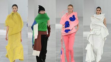 Esta combinación de imágenes creada el 7 de marzo de 2025 muestra a modelos presentando creaciones de Issey Miyake para la colección de prêt-à-porter femenino otoño-invierno 2025/2026 en el marco de la Semana de la Moda de París, en París el 7 de marzo de 2025.