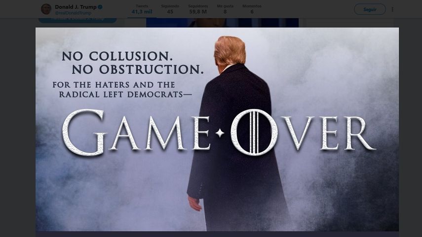 Trump&nbsp;recurre a Game of Thrones en su cuenta de Twitter luego de que el fiscal general, William Barr, dijera que la investigación de la trama rusa no ha hallado pruebas en su contra.