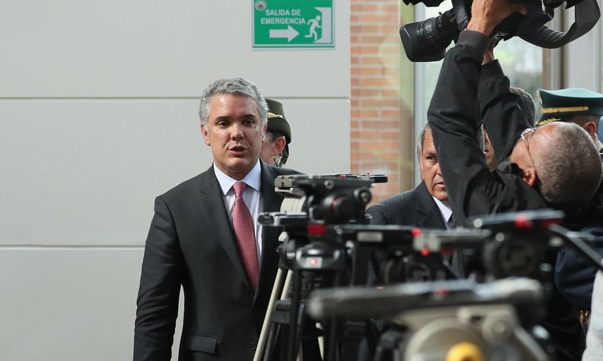 El presidente colombiano Iván Duque asiste al lanzamiento del plan contra la delincuencia El que la hace la paga el jueves 16 de Agosto de 2018, en Bogotá, Colombia.&nbsp;