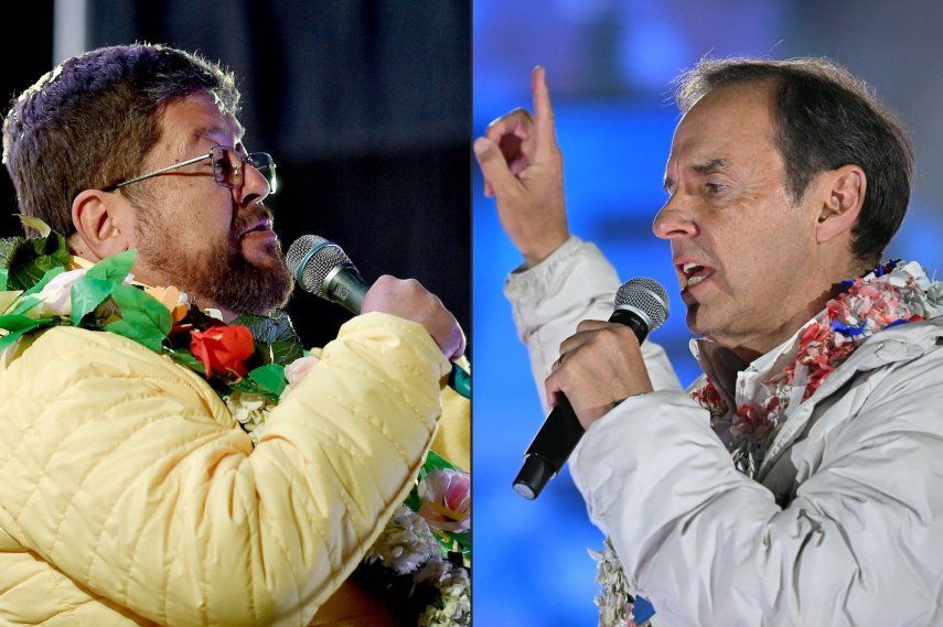 Esta combinación de imágenes, creada el 14 de agosto de 2025, muestra al candidato presidencial de Bolivia por la coalición Alianza Unidad, Samuel Doria Medina (izq.), hablando con sus simpatizantes durante su último acto de campaña en El Alto, departamento de La Paz, Bolivia, el 13 de agosto de 2025. También muestra al expresidente boliviano y candidato presidencial de la coalición Alianza Libre, Jorge Tuto Quiroga Ramírez (der.), hablando durante su último acto de campaña en La Paz el 13 de agosto de 2025.  