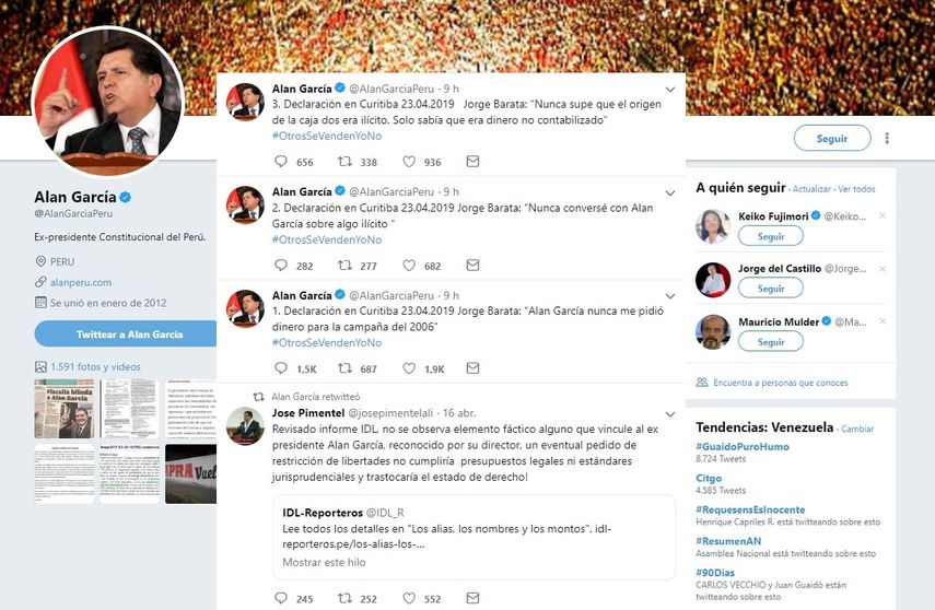 Mensajes publicados el 23 de abril de 2019 en la cuenta de Twitter del fallecido expresidente de Perú, Alan García.