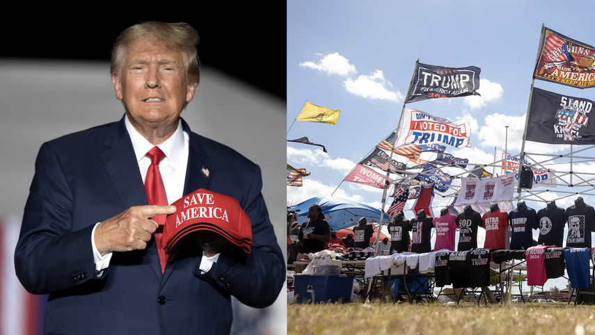 El expresidente de Estados Unidos, Donald Trump, junto a una imagen de un evento en su apoyo. Ambas fotos son de octubre de 2022.&nbsp;