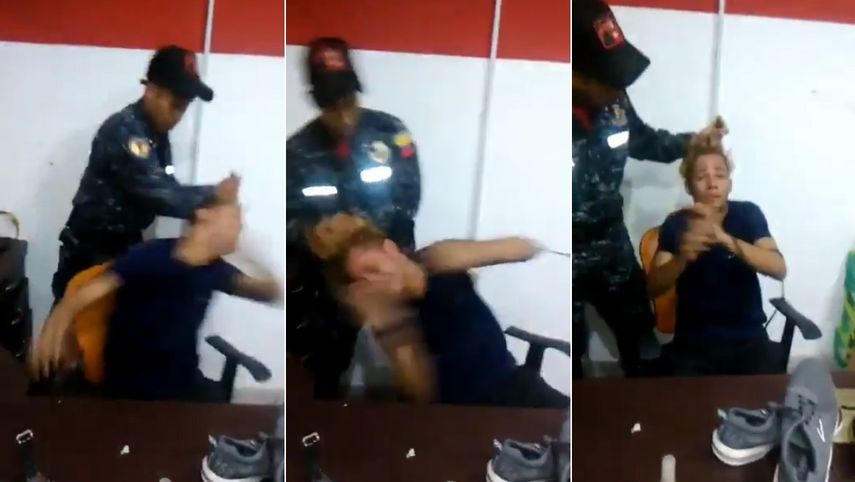 Secuencia de im&aacute;genes tomadas de un video difundido en Twitter sobre el presunto abuso de un oficial de la PNB venezolana contra un detenido.