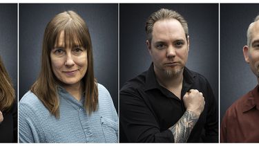 En esta combinación de fotos, de izquierda a derecha, la publicista Annie Jeeves, la organizadora de eventos Heather Hope-Allison, la productora de TV y directora de cine Leslie Thomas, el compositor de cine y TV Matt Hutchinson, el editor de TV y cineasta Pi Ware y el peluquero de celebridades Steven Mason durante sesiones de fotos separadas en Los Ángeles. El coronavirus ha paralizado a gran parte de Hollywood, y para los trabajadores independientes de la industria del espectáculo esto ha sido un desastre económico. 
