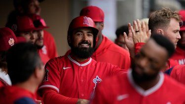 Anthony Rendón, de los Angelinos de Los Ángeles, celebra en el dugout después de anotar con un cuadrangular de Jo Adell durante la primera entrada de un juego de pretemporada en contra de los Diamondbacks de Arizona, en Scottsdale, el martes 21 de marzo de 2023.