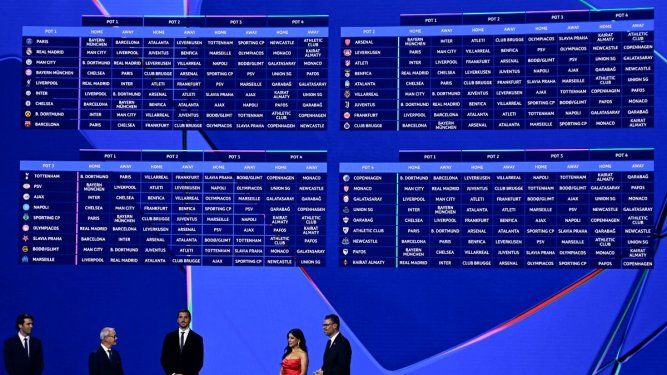 Los resultados se muestran en una pantalla tras la ceremonia del sorteo de la fase de grupos del torneo de fútbol 2025-2026 de la UEFA Champions League, en el Grimaldi Forum de Mónaco el 28 de agosto de 2025.