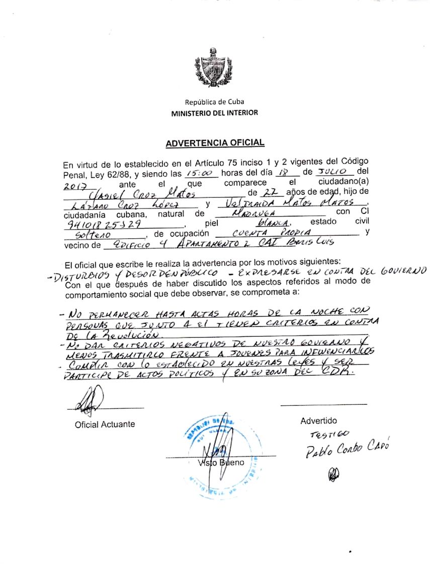 Advertencia oficial emitida por el Ministerio del Interior de Cuba, para Yasiel Cruz, por expresarse en contra del Gobierno.&nbsp;