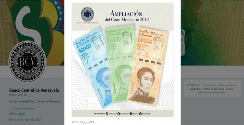 Imagen de los nuevos billetes que forman parte de la ampliación del cono monetario publicada por el Banco Central de Venezuela en su cuenta de Twitter.