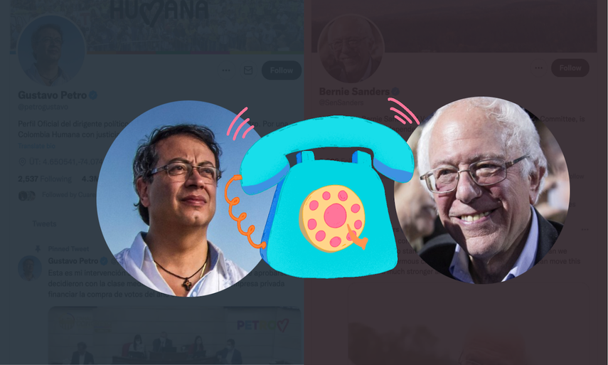 Collage con capturas de pantalla de las cuentas de Twitter de Gustavo Petro y Bernie Sanders.&nbsp;