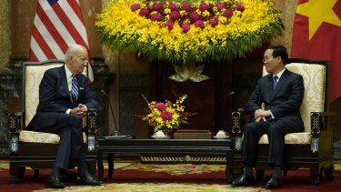 El presidente de Estados Unidos, Joe Biden, se reúne con el presidente de Vietnam, Vo Van Thuong, en Hanoi, Vietnam, el lunes 11 de septiembre de 2023. 