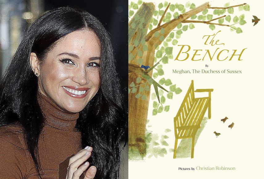 Esta combinación de fotografías muestra a Meghan, duquesa de Sussex saliendo de la Casa de Canadá en Londres, el 7 de enero de 2020, izquierda, y la portada de su libro infantil The Bench con acuarelas de Christian Robinson publicado el 8 de junio de 2021.&nbsp;