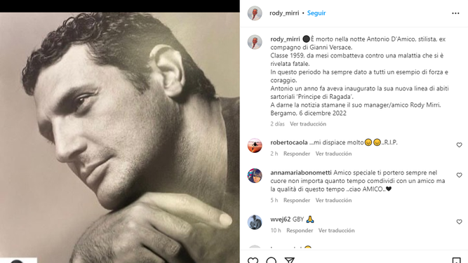 Rody Mirri anunció la muerte de Antonio DAmico, expareja de Gianni Versace