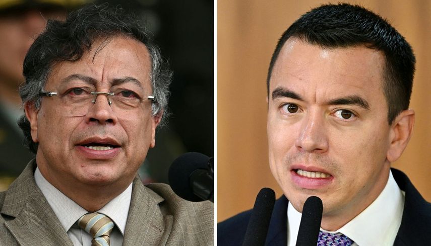 Esta combinación de imágenes de archivo, creada el 28 de enero de 2026, muestra (izq.) El presidente de Colombia, Gustavo Petro, pronunciando un discurso durante la conmemoración del 134.º aniversario de la Policía Nacional y la promoción de oficiales en la Academia General Santander de Policía en Bogotá, el 13 de noviembre de 2025, y al presidente de Ecuador, Daniel Noboa, hablando durante una rueda de prensa junto al presidente de Brasil, Luiz Inácio Lula da Silva (fuera de cuadro), en el Palacio de Planalto en Brasilia, el 18 de agosto de 2025.&nbsp;