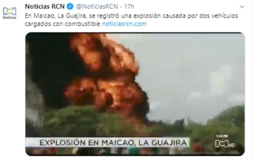 Noticia rese&ntilde;ada por RCN en las redes sociales.&nbsp;
