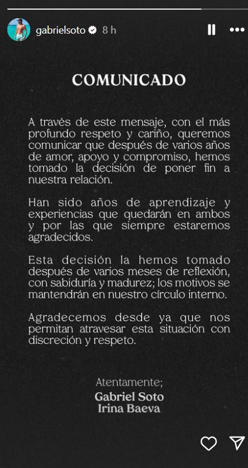 Comunicado de Gabriel Soto sobre separación de Irina Baeva.