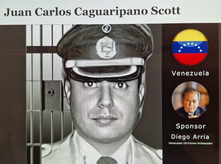 En la campaña Apadrina a un preso político del Instituto Casla se ve la imagen del  preso político Juan Carlos Caguaripano apadrinado por Diego Arria.