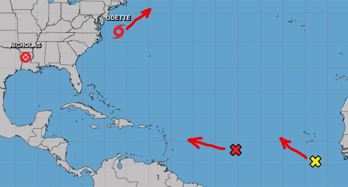 Localización y proyección de movimiento de tormenta tropical Odette y dos zonas de mal tiempo, 17 de sept de 2021. Localización y proyección de movimiento de tormenta tropical Odette y dos zonas de mal tiempo, 17 de sept de 2021.