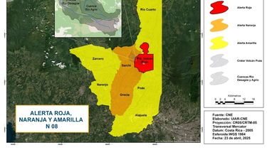 Mapa de alertas por actividad volcánica de la Comisión Nacional de Prevención de Riesgos y Atención de Emergencias (CNE) de Costa Rica el 24 de abril de 2025.&nbsp;