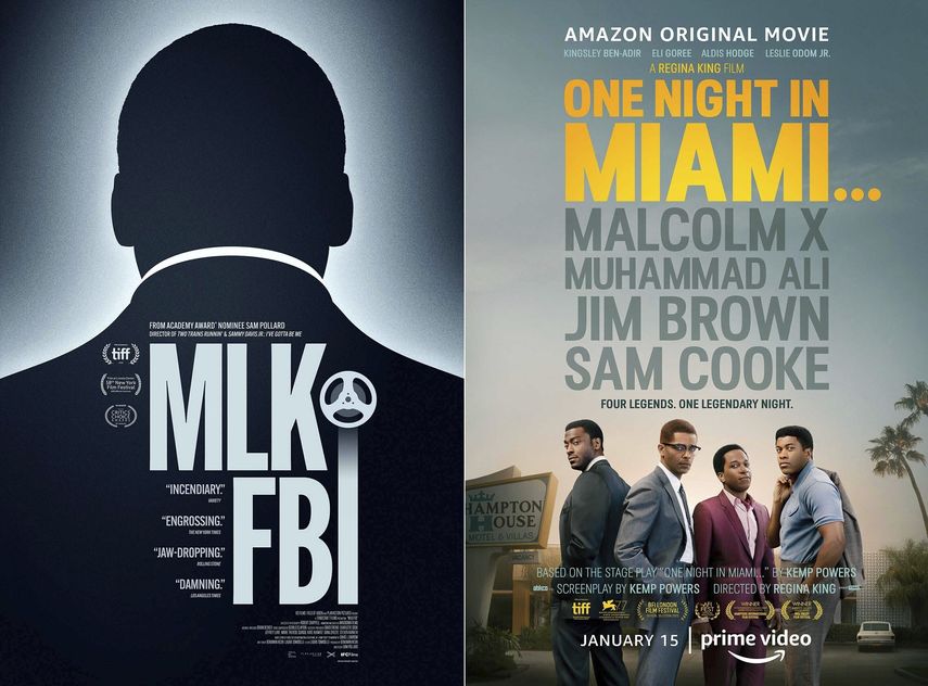 Esta combinación de fotos muestra el afiche del documental MLK/FBI, izquierda, que se estrena en cines selectos y On Demand el 15 de enero, y la película One Night in Miami que se estrena el 15 de enero en Amazon Prime.