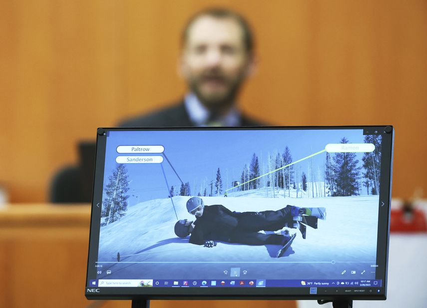 El doctor Irving Scher muestra una simulación de accidente durante los testimonios en el juicio de Gwyneth Paltrow el martes 28 de marzo de 2023, en Park City, Utah.