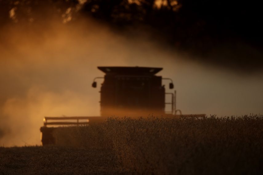 Cosecha de soya en un campo cerca de Wamego, Kansas.