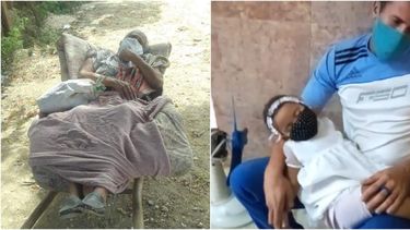 Una anciana trasladada en carretilla y un padre a la espera de atención para su hija enferma.&nbsp;&nbsp;