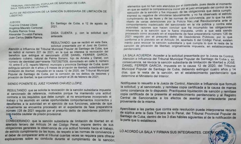 Re revoca la medida impuesta contra el líder de la Unión Patriótica de Cuba (UNPACU) en la causa 12 de 2020.