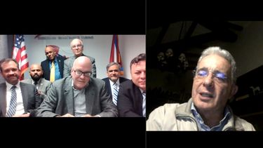 El expresidente colombiano Álvaro Uribe, durante reunión con miembros del Frente Hemisférico por la Libertad.