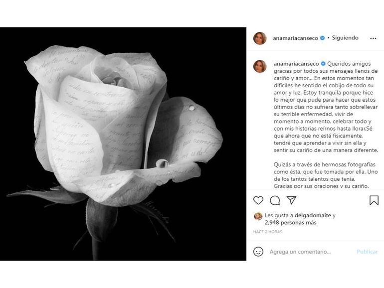 Ana María Canseco agradece el apoyo recibido tras el fallecimiento de su madre. 