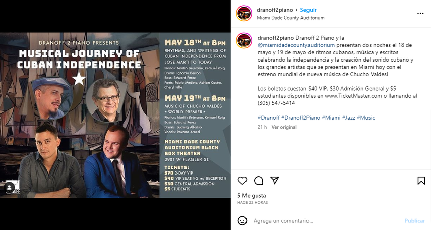 Dranoff 2 Piano presenta el Musical Journeys of Cuban Independence.