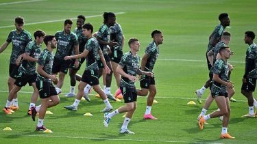 Jugadores del Real Madrid entrenan para el duelo ante el Manchester City en la semifinal de la Champions League
